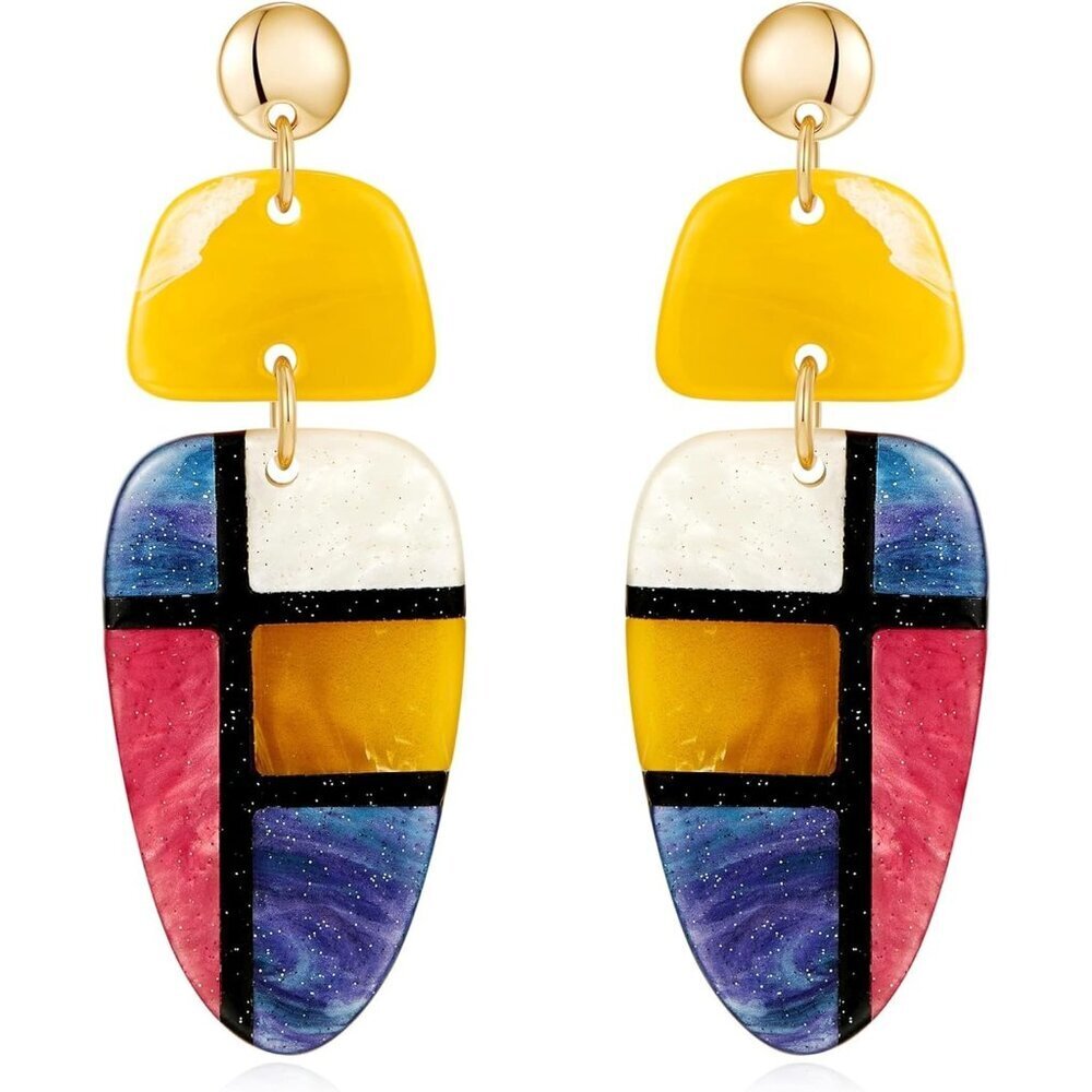 Women's Resin Plaid Boho Statement Dangle Earrings Multicolor Costume Jewelry